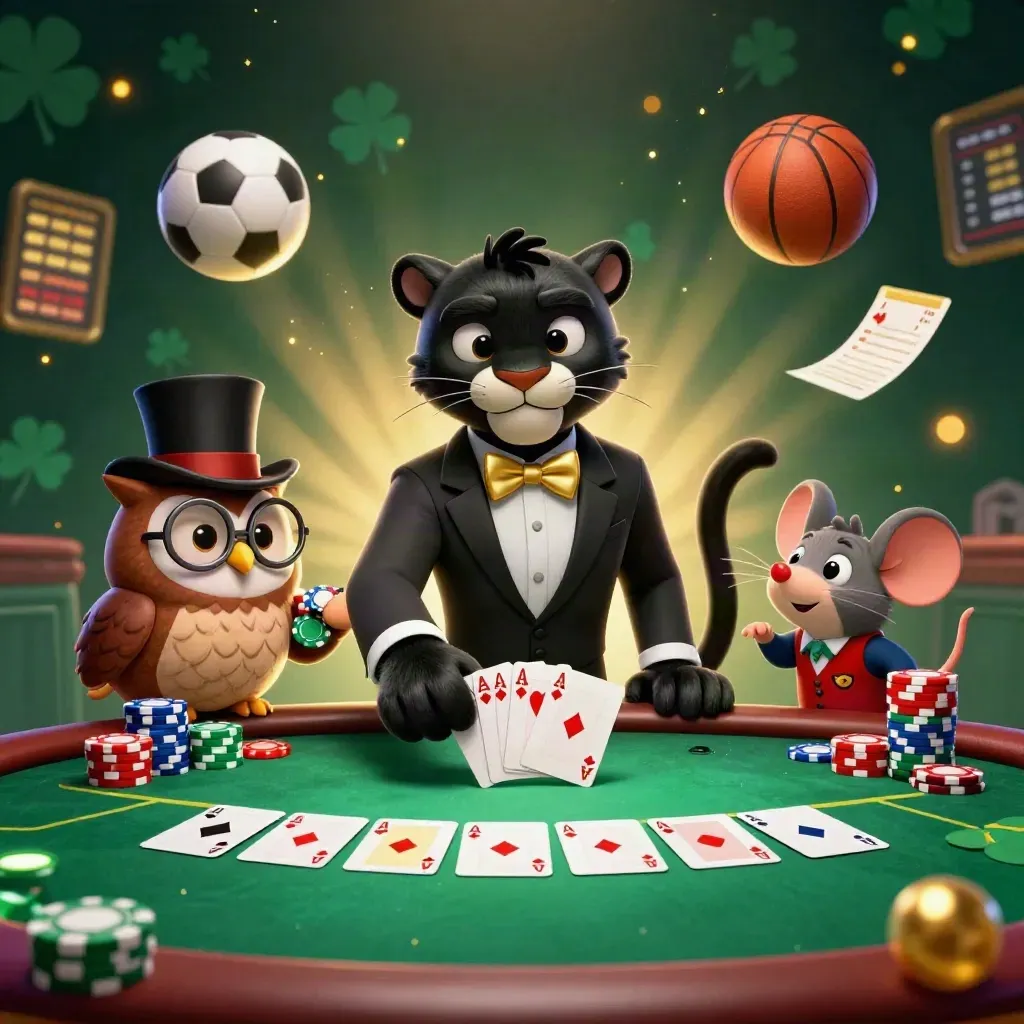 Panther tuxedo, burung hantu, dan tikus di meja poker; bola sepak, bola basket, cahaya emas.