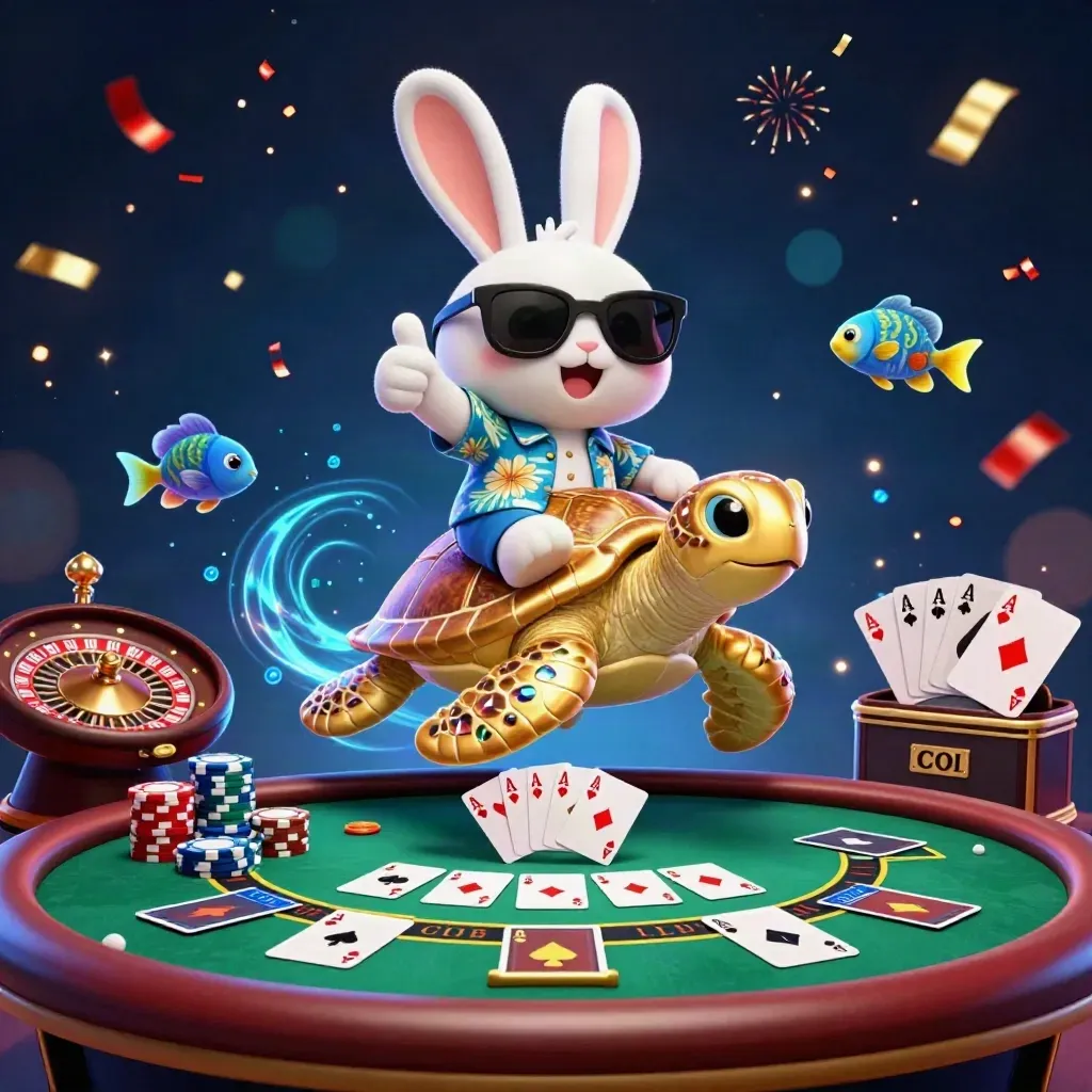 Kelinci kartun naik kura-kura emas di tengah chip, kartu, dan cahaya kasino mewah.
