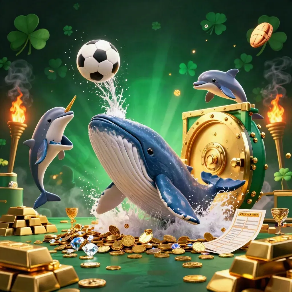 Paus kapten, narwhal, dan lumba-lumba di lautan koin; bola sepak dan basket melayang.