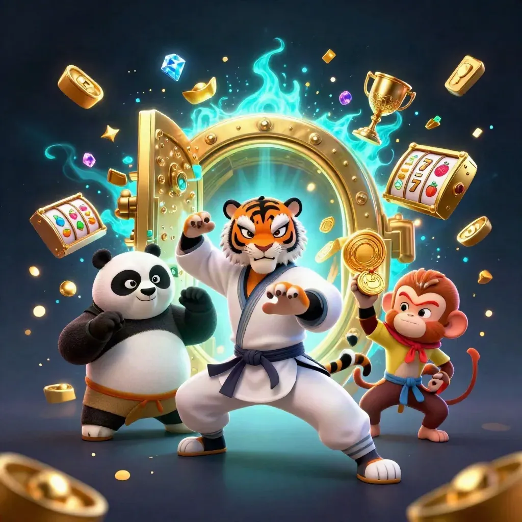 Harimau kung-fu, panda, dan monyet di depan brankas emas meledak cahaya biru