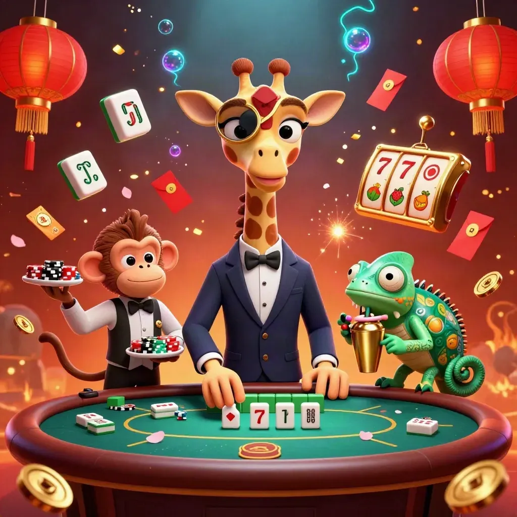 Jerapah elit, monyet valet, dan bartender bunglon di meja poker dengan emas, lampion, dan neon.
