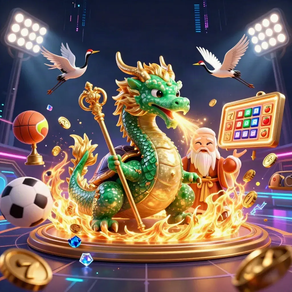 Naga jade hijau, kura bijak, dan bangau emas di antara bola, koin, dan efek neon.