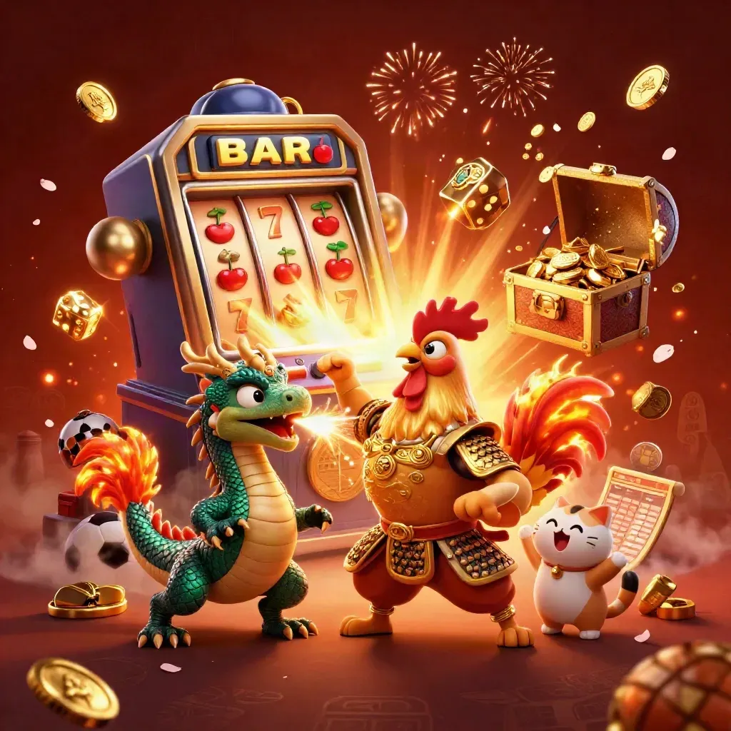 Ayam samurai, naga kecil, dan kucing hoki di tengah koin emas, slot, dan ledakan jackpot.