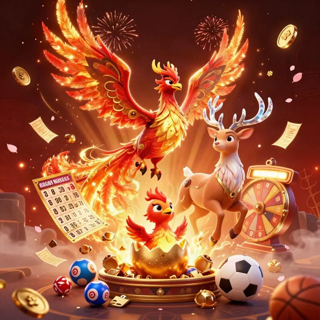 Phoenix emas, rusa kristal, dan elemen lotre meledak di latar api mewah.