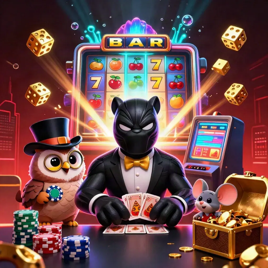 Panther tuxedo, burung hantu, dan tikus di antara mesin slot, koin, dan cahaya emas.
